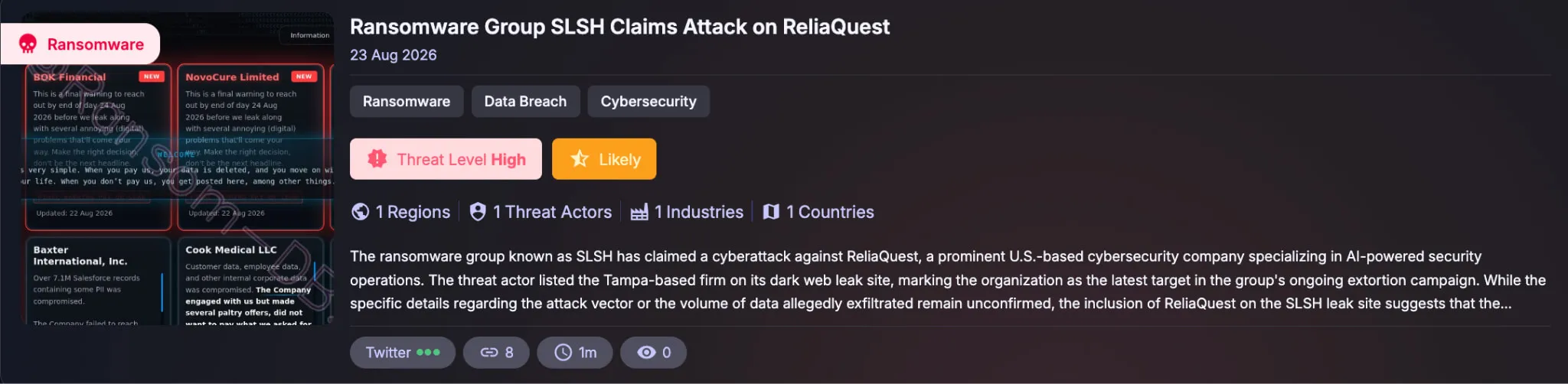 Ransomware Group SLSH Claims Attack on ReliaQuest (SOCRadar Cyber Threat Intelligence)