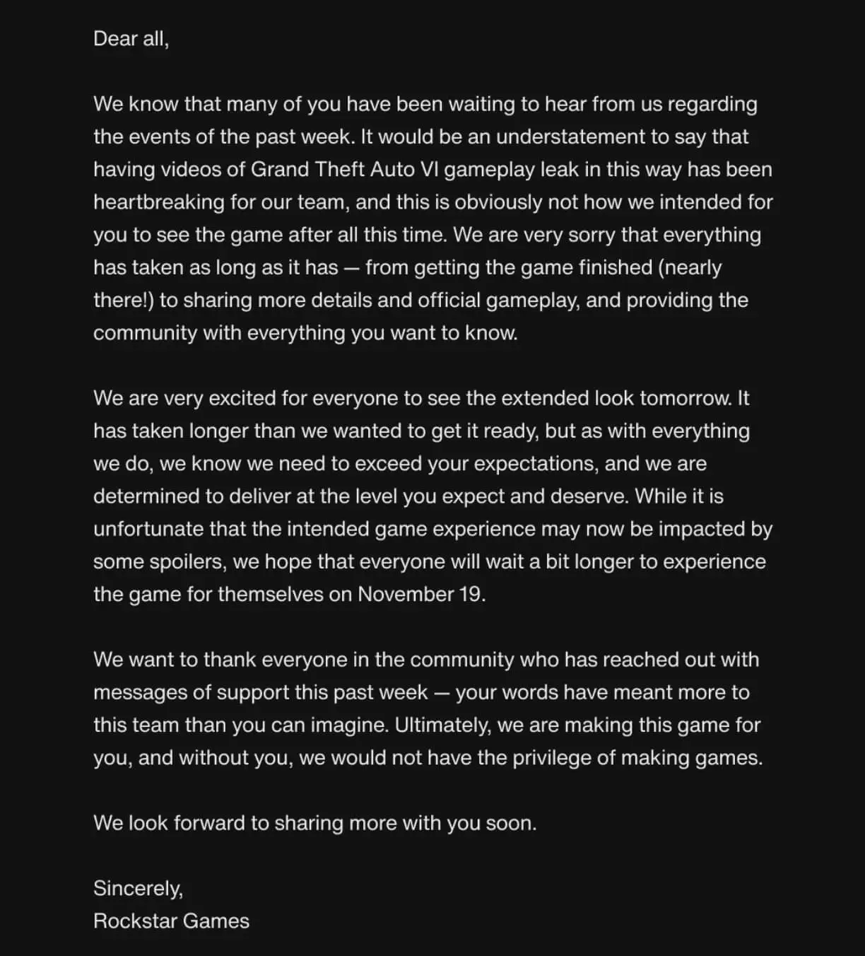 Rockstar's first public statement on the leaks, posted August 26 – a day before its Netflix Extended Look.