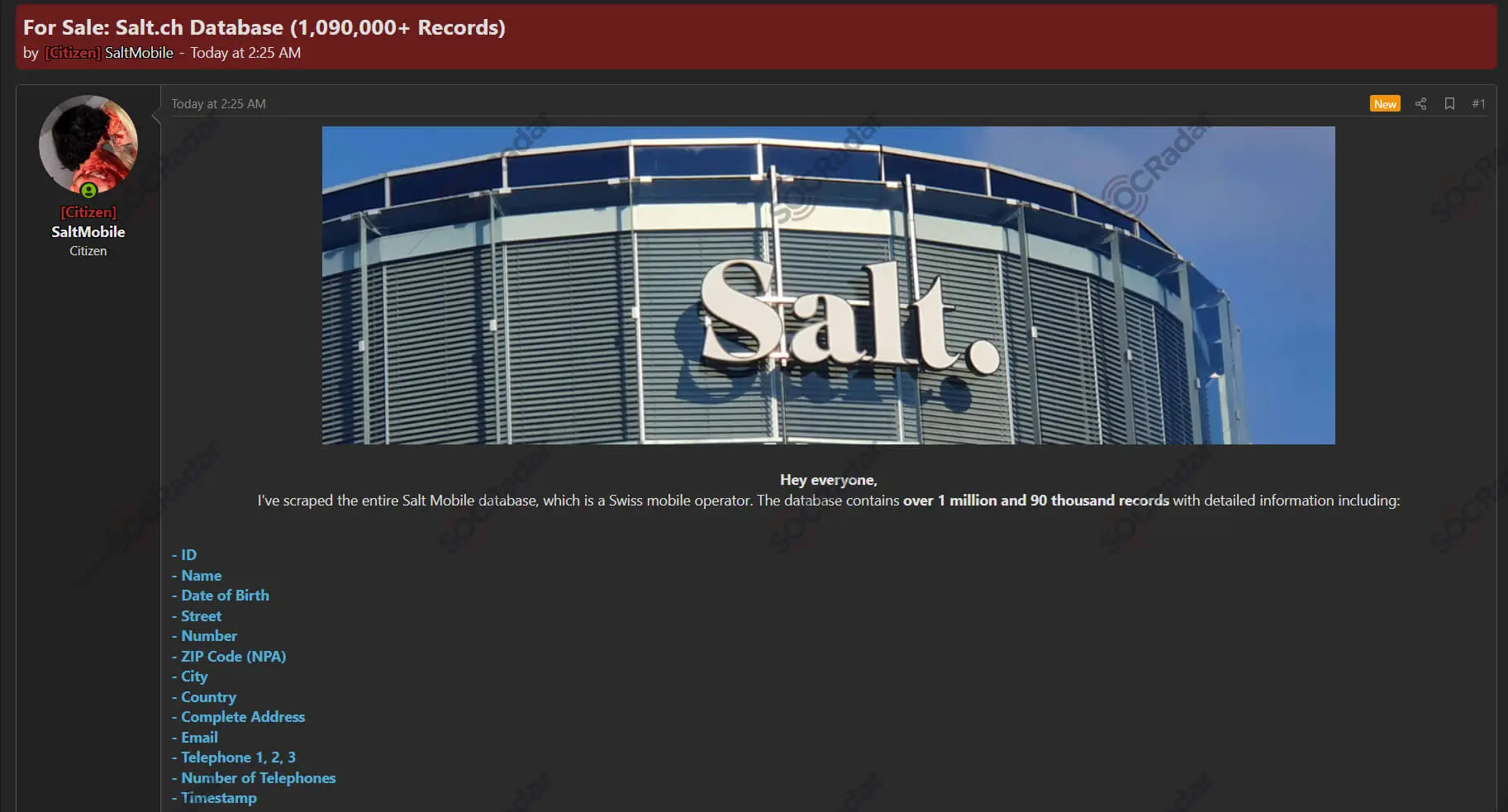 salt mobile customer database sale socradar