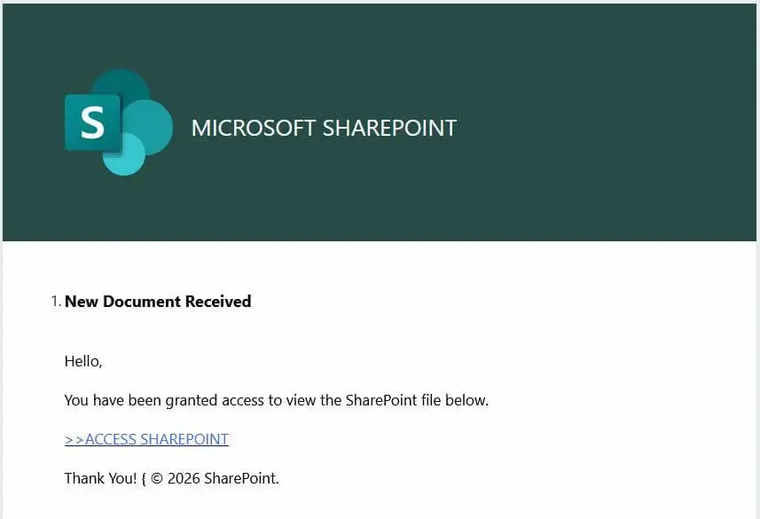 SharePoint-themed phishing lure used in an EvilTokens device-code campaign. Source.