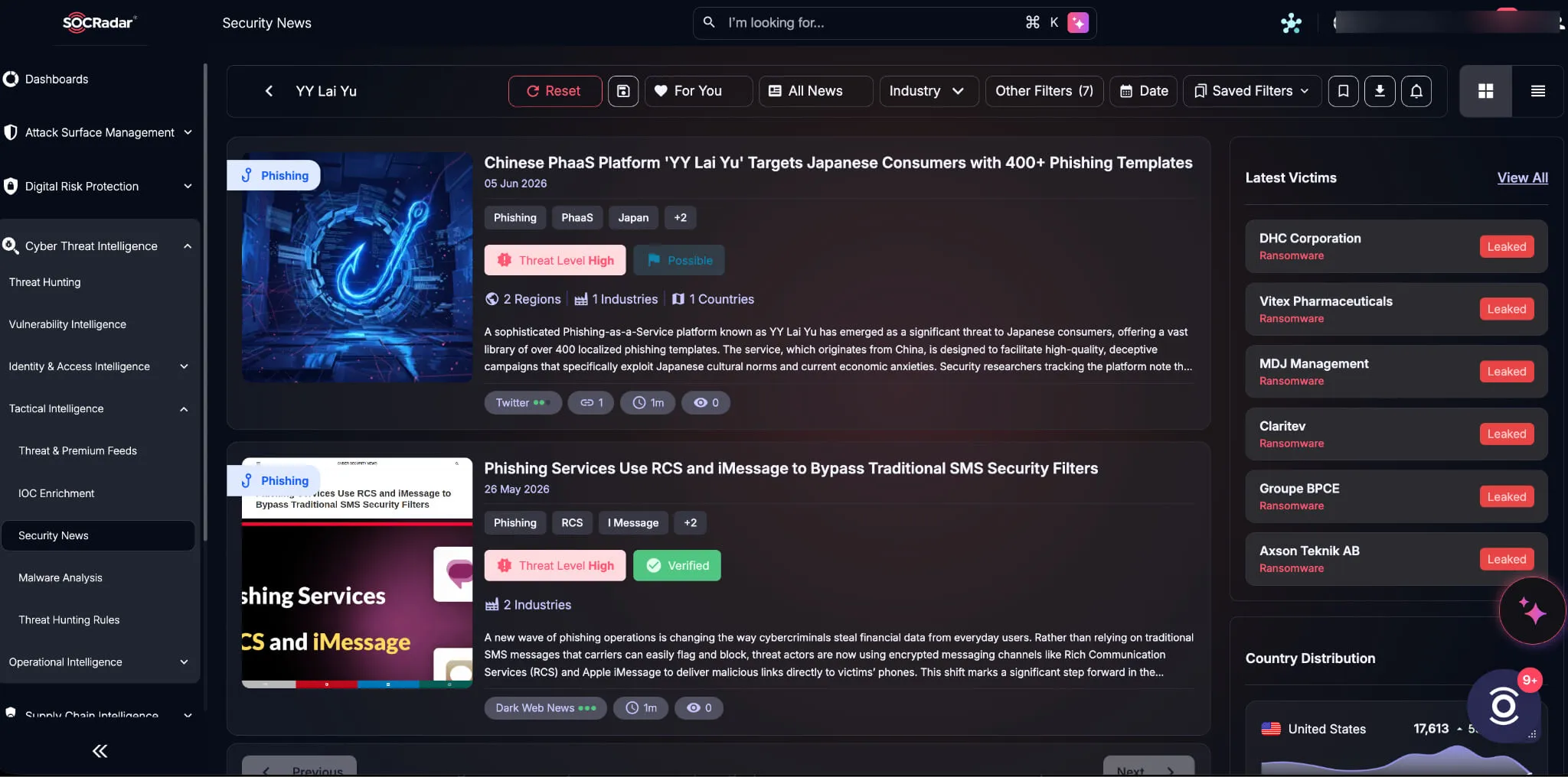SOCRadar CTI Security News highlights YY Lai Yu activity and related phishing developments involving RCS and iMessage.