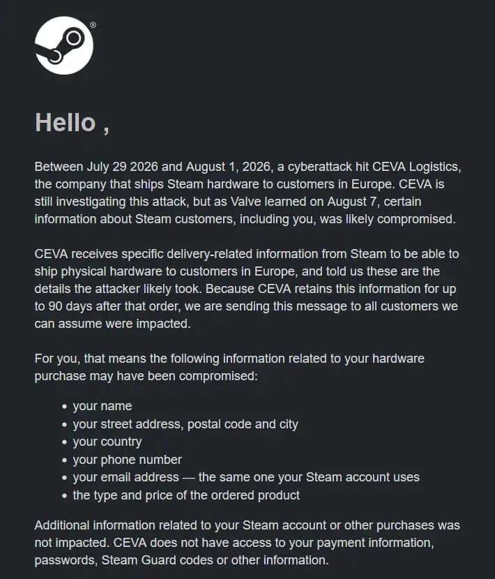 Steam data breach email (Source)
