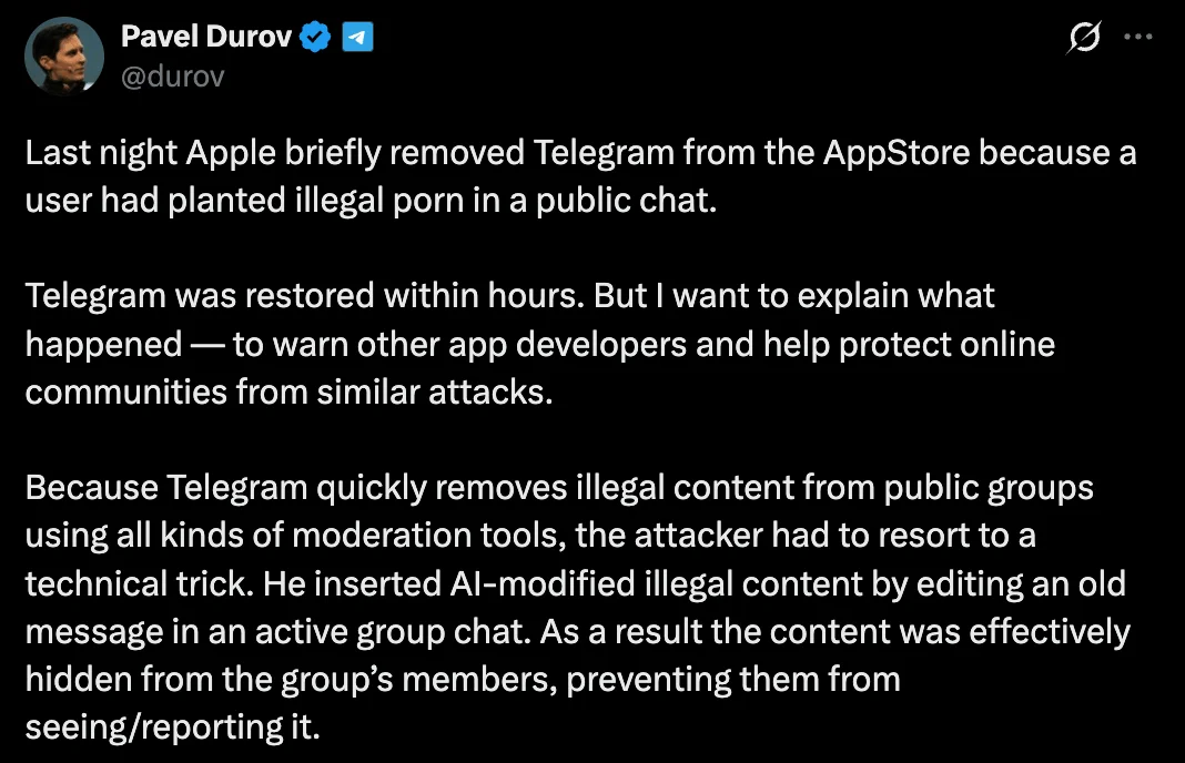 Durov’s statement on Telegram's removal. Read the full post on X