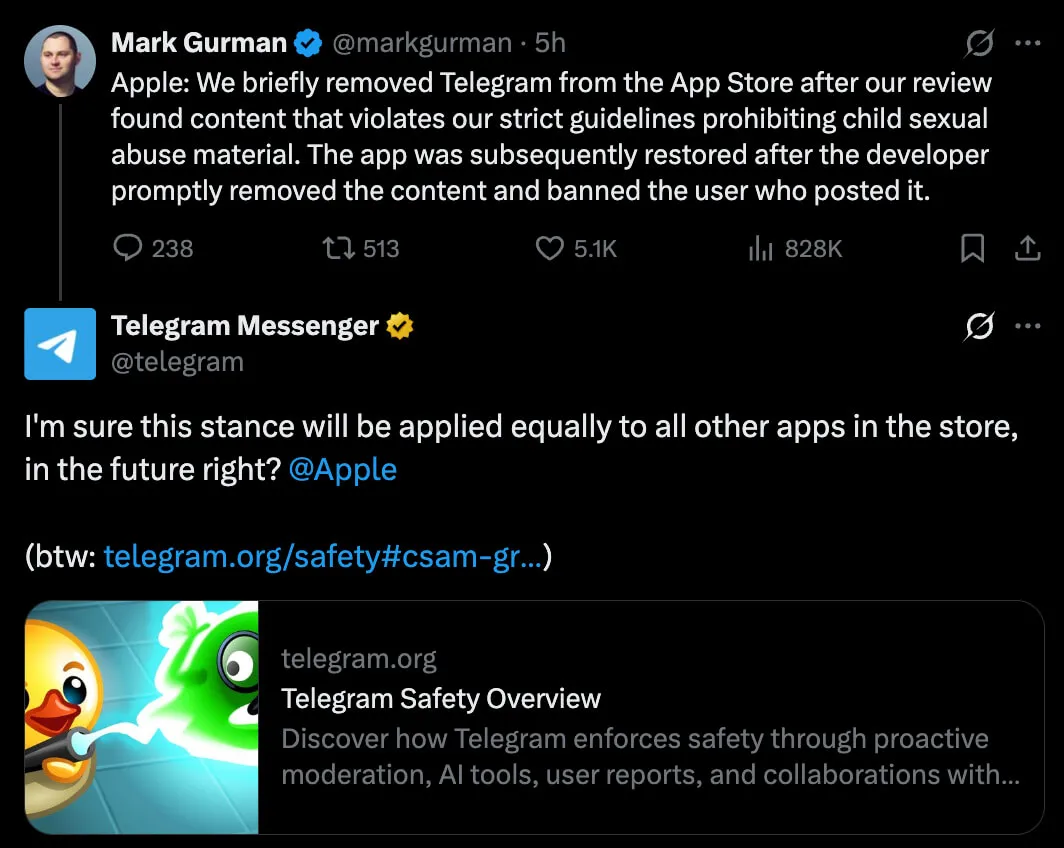 Telegram’s post tagging Apple (X)