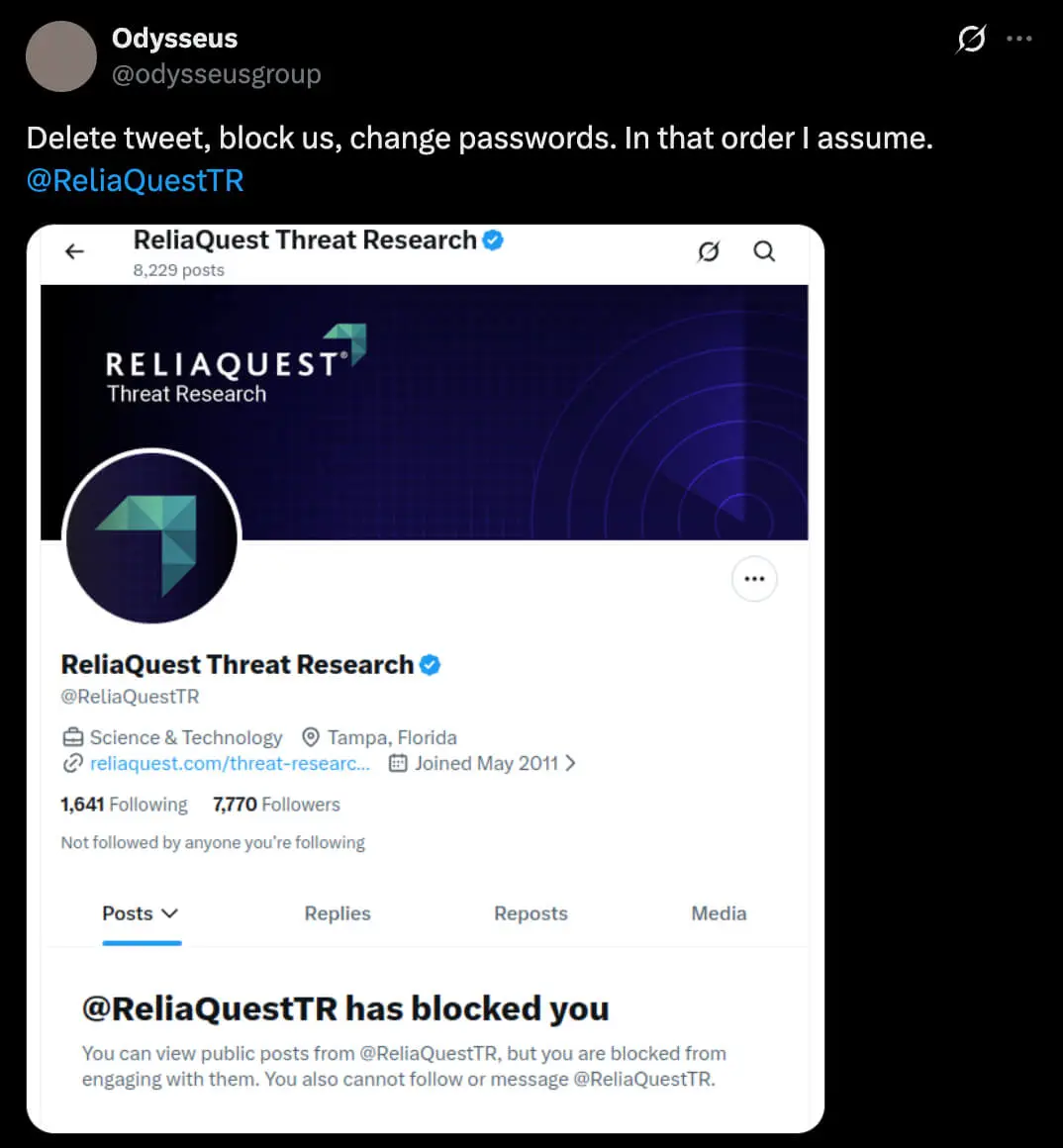 A subsequent threat actor post claims ReliaQuestTR blocked the account following the exchange.
