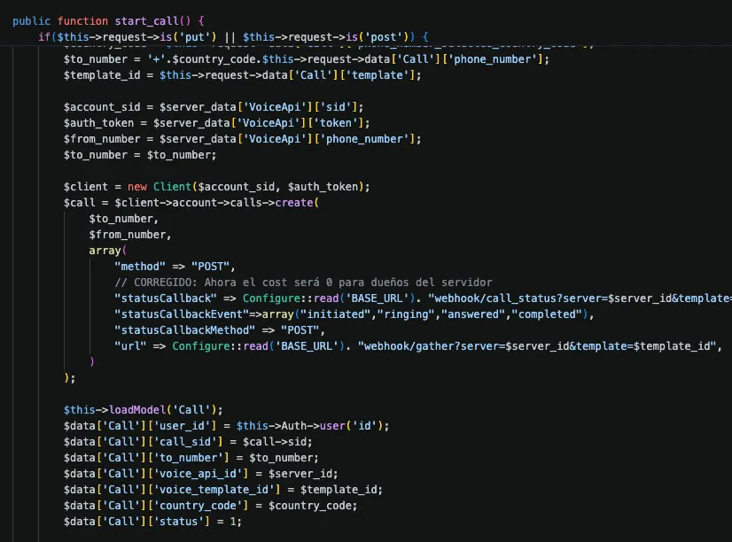 ToolsController.php - start_call() function