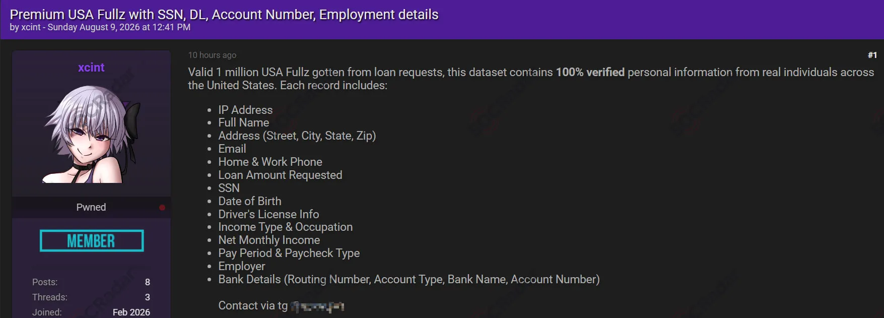 us fullz database sale 1 million loan records personal information