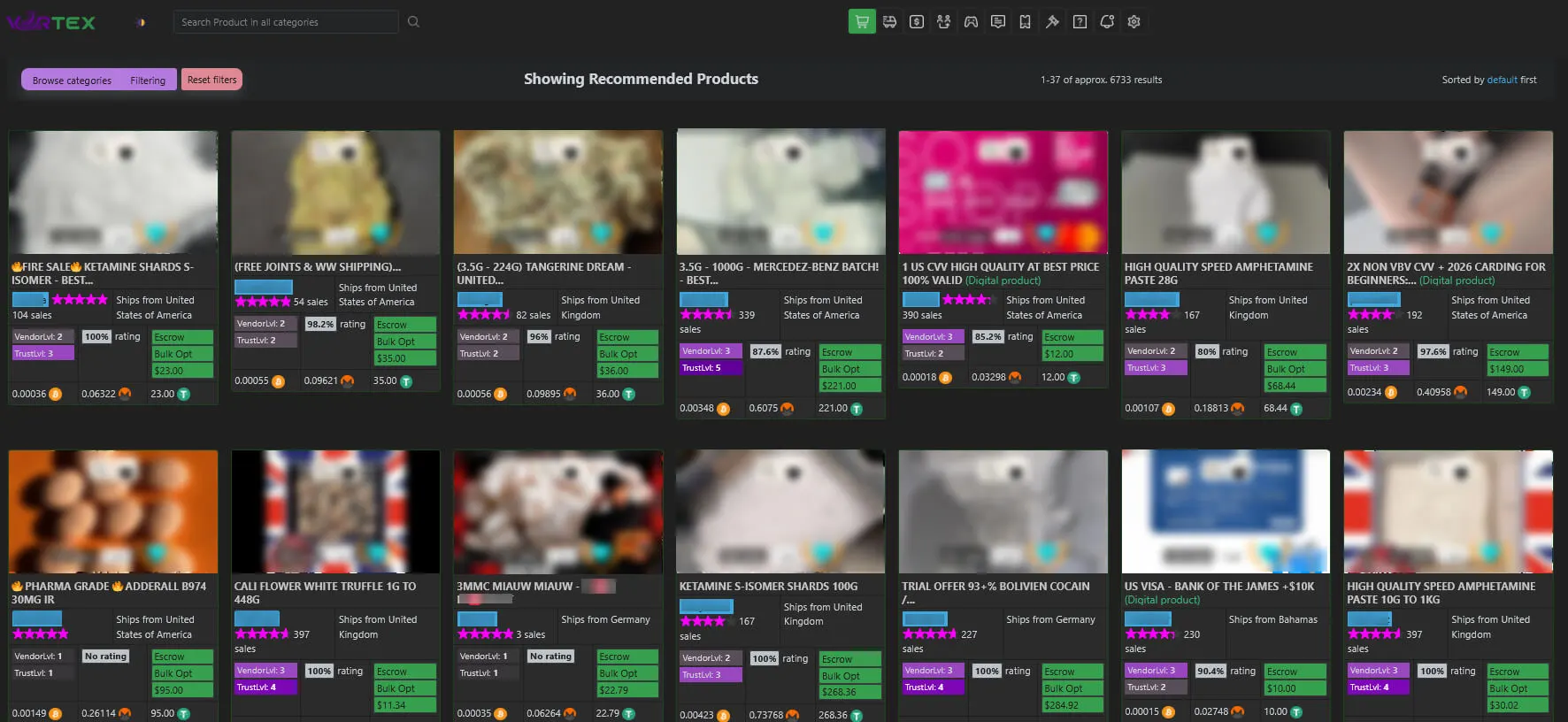 Vortex Market's authenticated marketplace view, showing approximately 6,733 product results with per-listing vendor level, trust level, feedback percentage, and multi-currency pricing