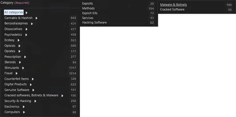 Vortex Market's category tree, where narcotics dominate volume while Fraud, Digital Products, and Security & Hacking supply the cyber-relevant inventory