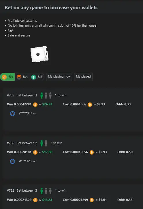 Vortex Market's integrated dice wagering feature, drawing on user wallet balances with a 10% house commission on wins