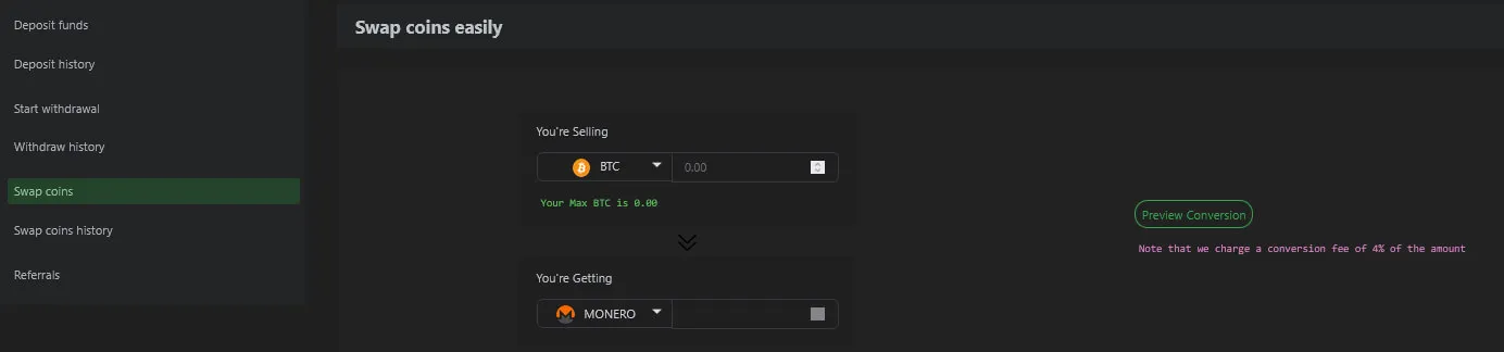 The internal coin swap function, converting between BTC, XMR, and USDT at a stated 4% conversion fee