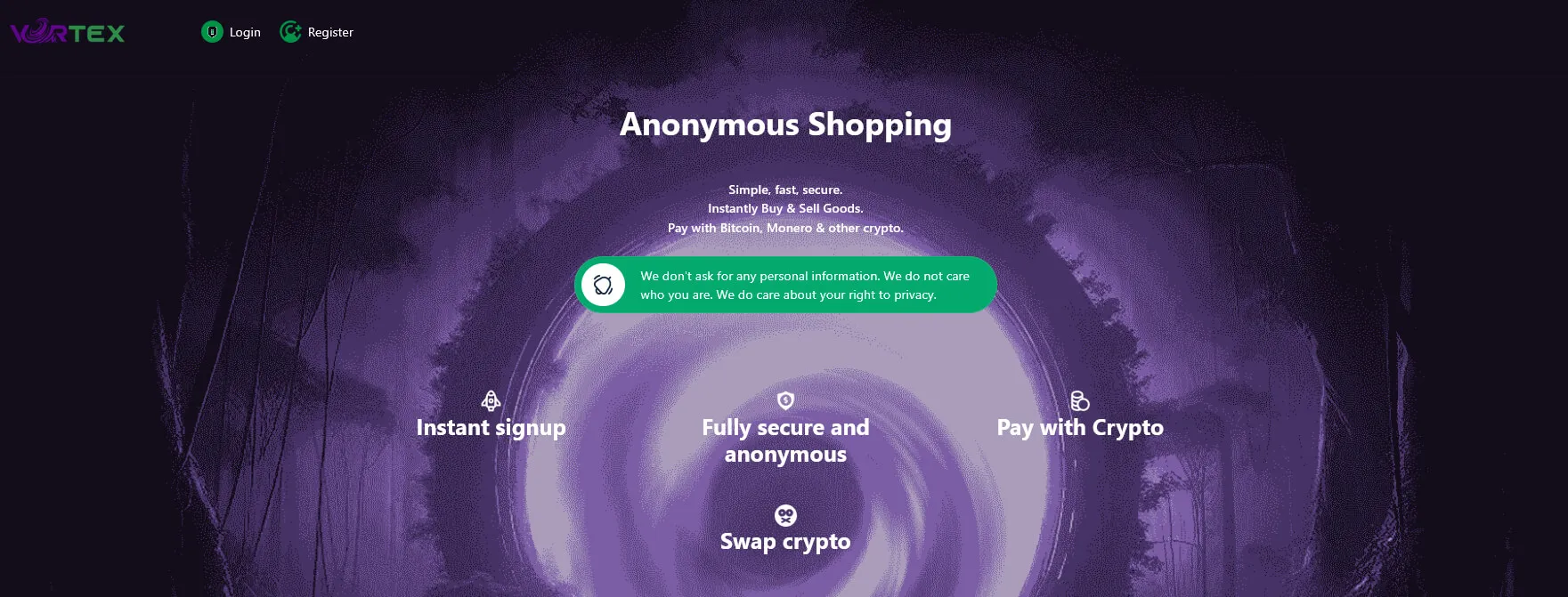 Vortex Market's public landing page, promoting instant signup, crypto-only payment, and no collection of personal information