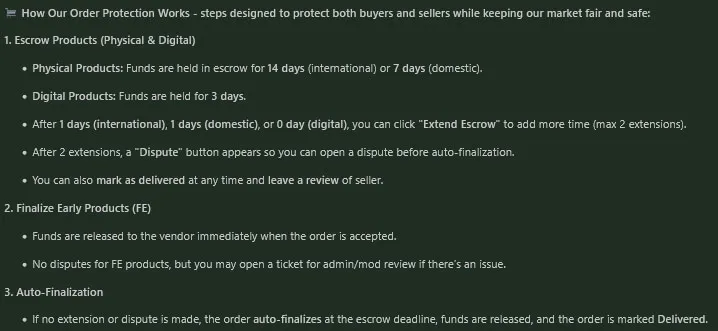 Vortex Market's order protection terms, setting escrow duration by product type and defining the extension and dispute sequence