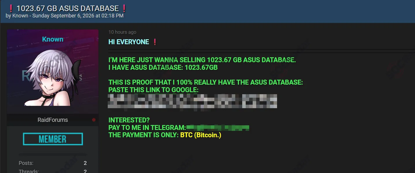 asus database sale detected socradar telegram bitcoin