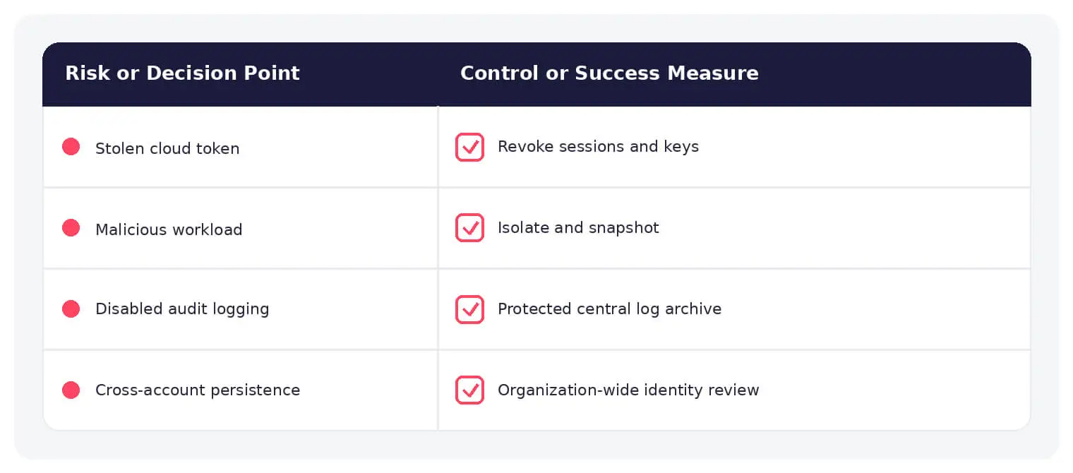 Common cloud incident response risks paired with practical defensive controls.