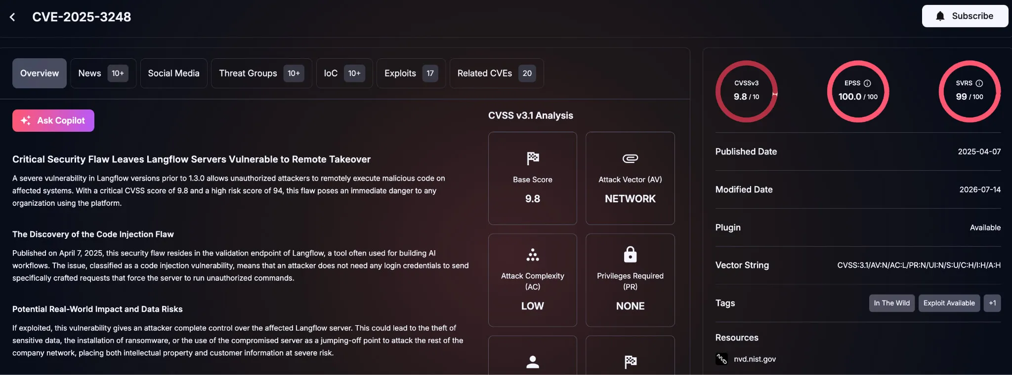 Details of CVE-2025-3248 (SOCRadar Vulnerability Intelligence)