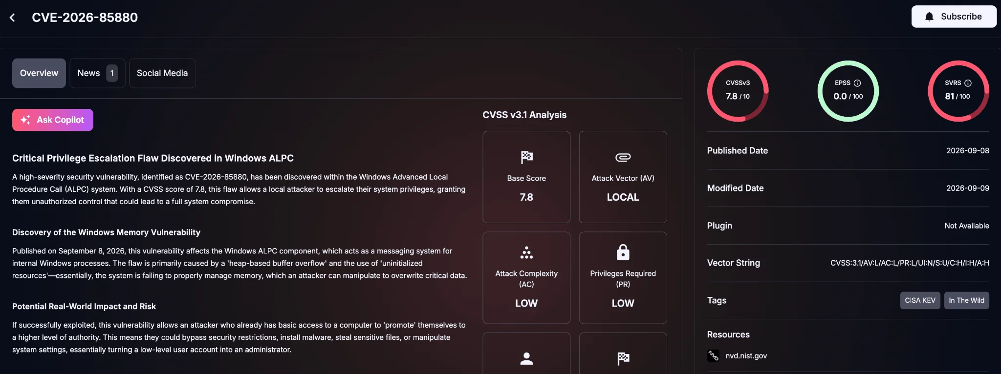 Details of CVE-2026-85880 (SOCRadar Vulnerability Intelligence), September 2026 Patch Tuesday