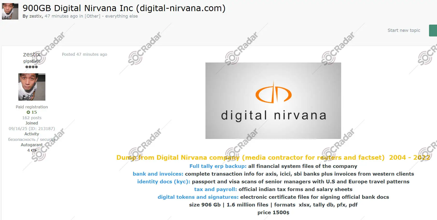digital nirvana inc 900gb data dump sale financial kyc socradar