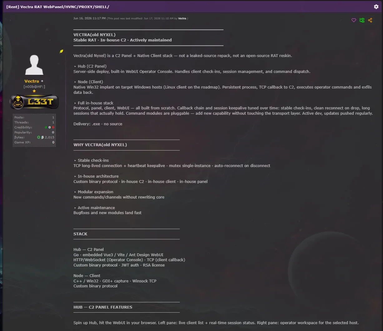 HackForums sales thread advertising the rental under the title VECTRA(old NYXEL).