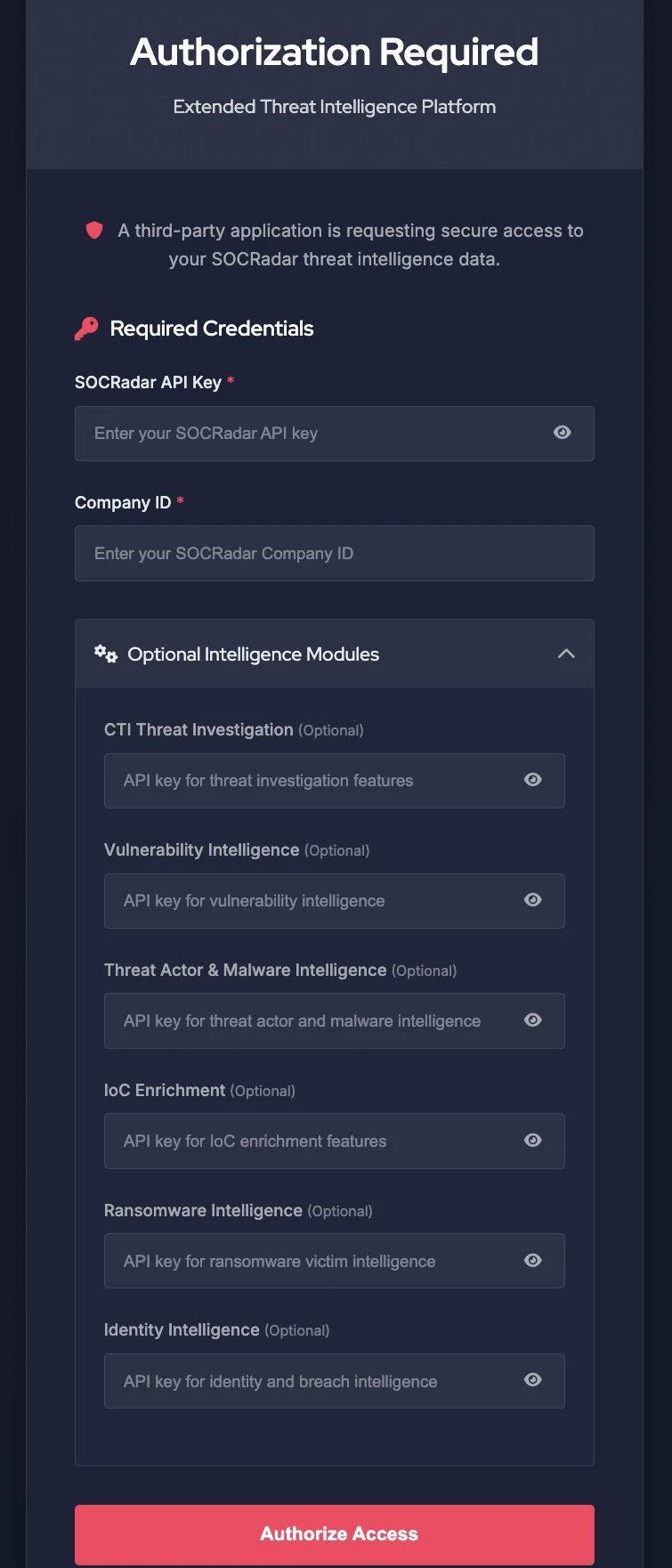 The SOCRadar authorization page: enter the required credentials and any applicable module API keys, then select Authorize Access.
