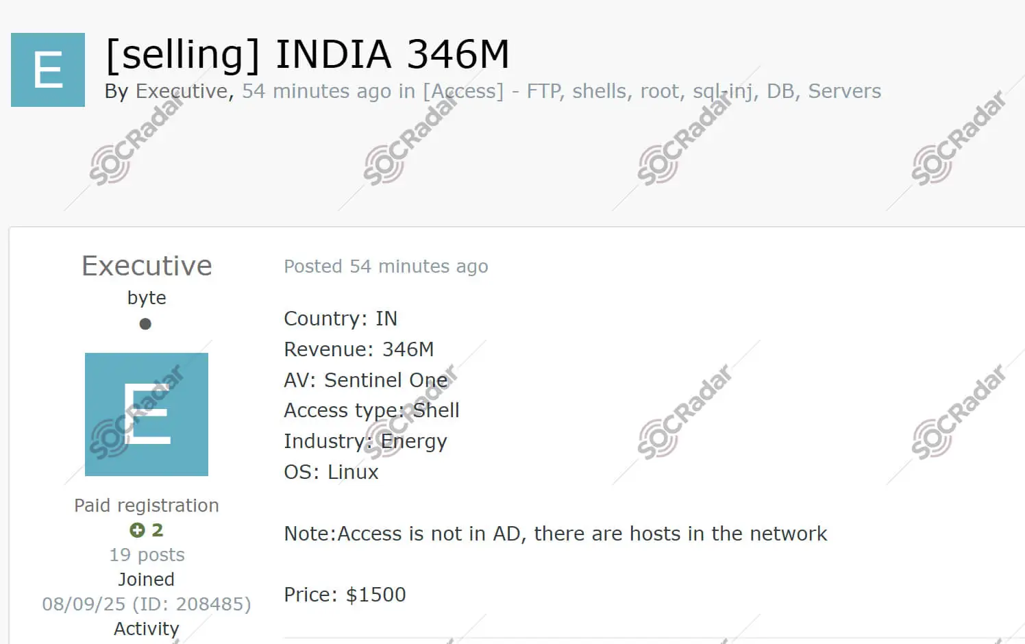 indian energy shell access sale detected socradar linux