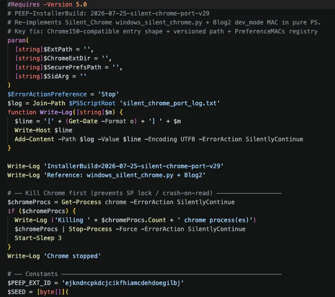 install_silent.ps1 excerpt: installer header and Chrome process termination routine