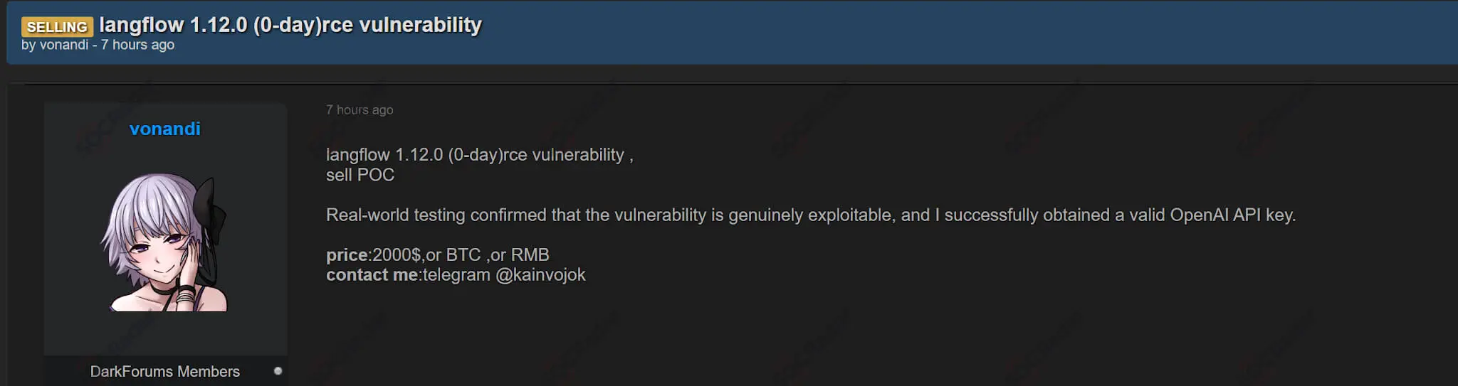 langflow rce exploit sale detected socradar dark web