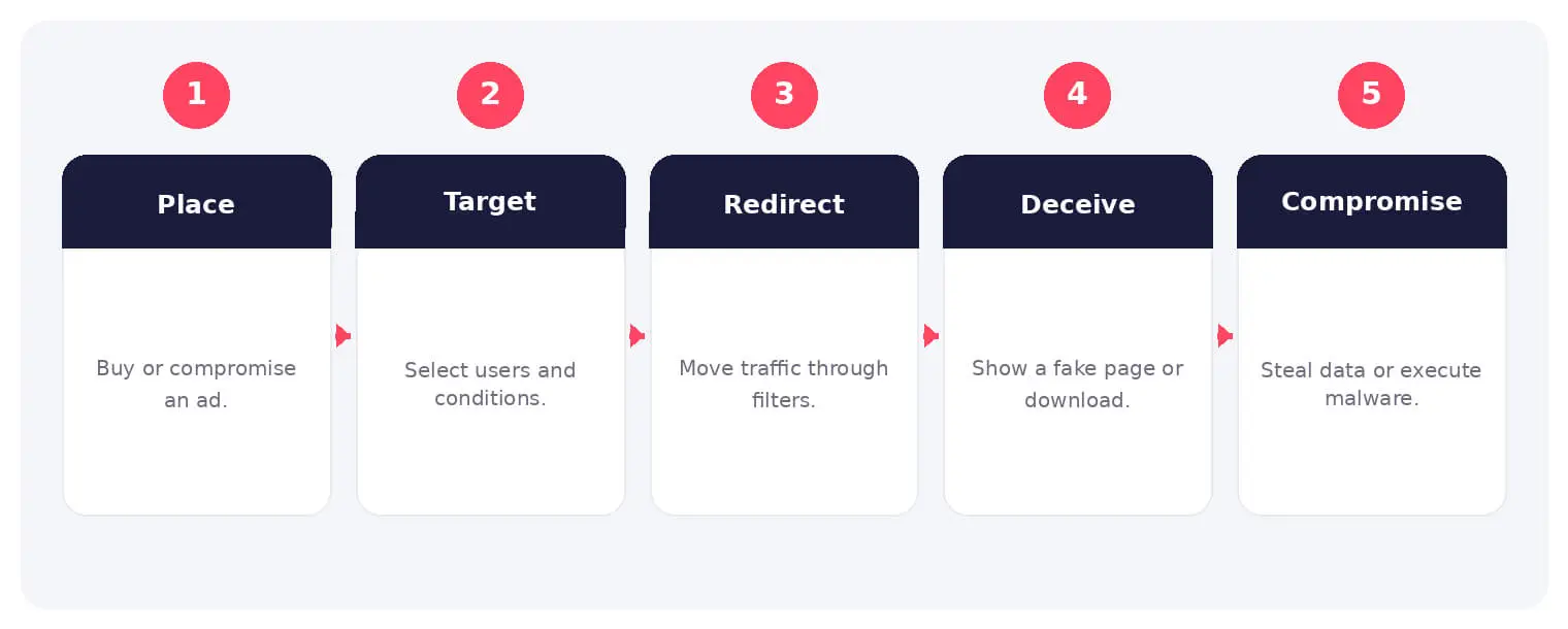 The main stages and decision points associated with malvertising.