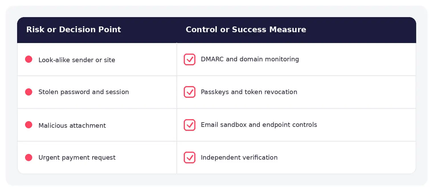 Common phishing risks paired with practical controls and response measures.
