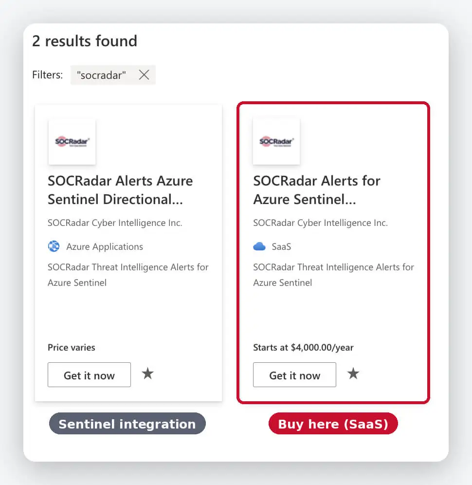 Select the SaaS listing to purchase; the Azure Applications listing is the Microsoft Sentinel integration.