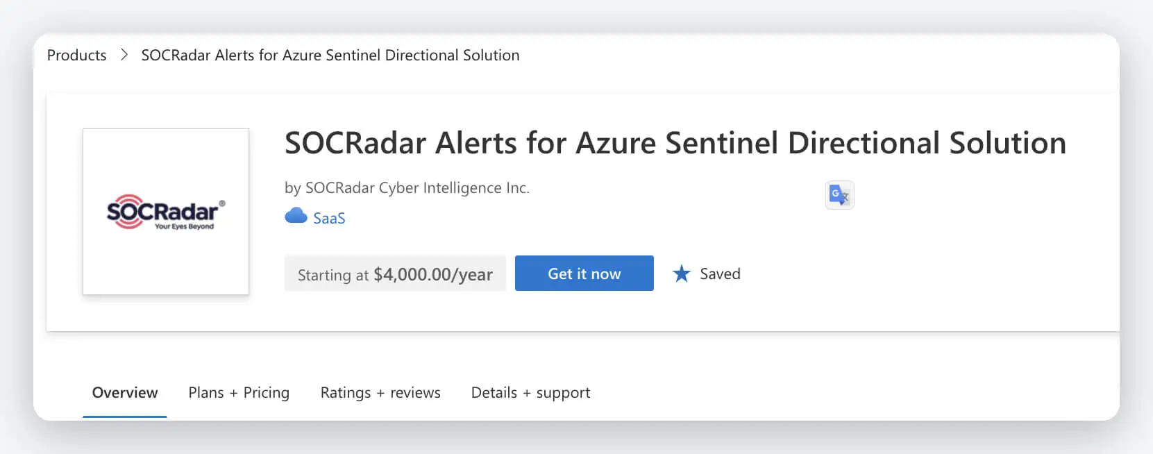 The SOCRadar listing on Microsoft Marketplace.