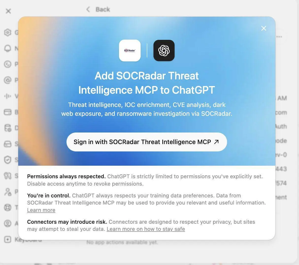 Starting the SOCRadar sign-in process from ChatGPT.