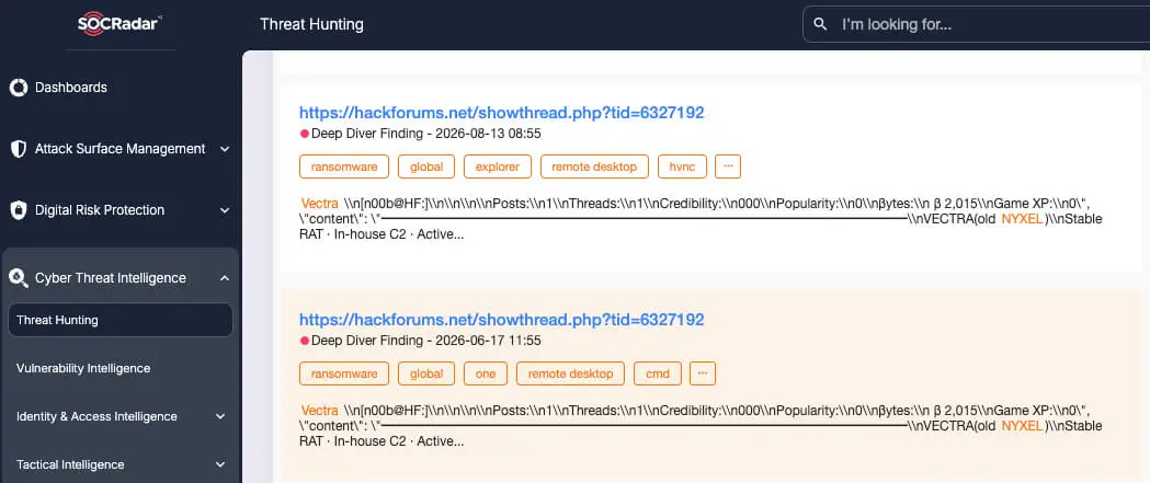 SOCRadar Platform Threat Hunting results linking the HackForums sales thread to the Vectra handle and its NYXEL reference.