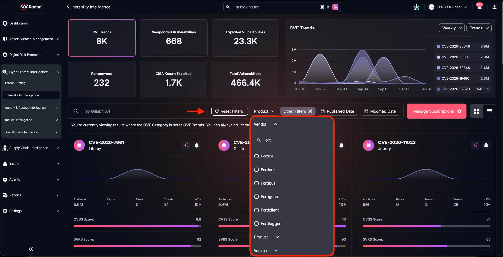 Vendor filtering in SOCRadar's Vulnerability Intelligence module. Filter by Fortinet or any vendor in your stack to see what is weaponized, exploited, and trending right now.