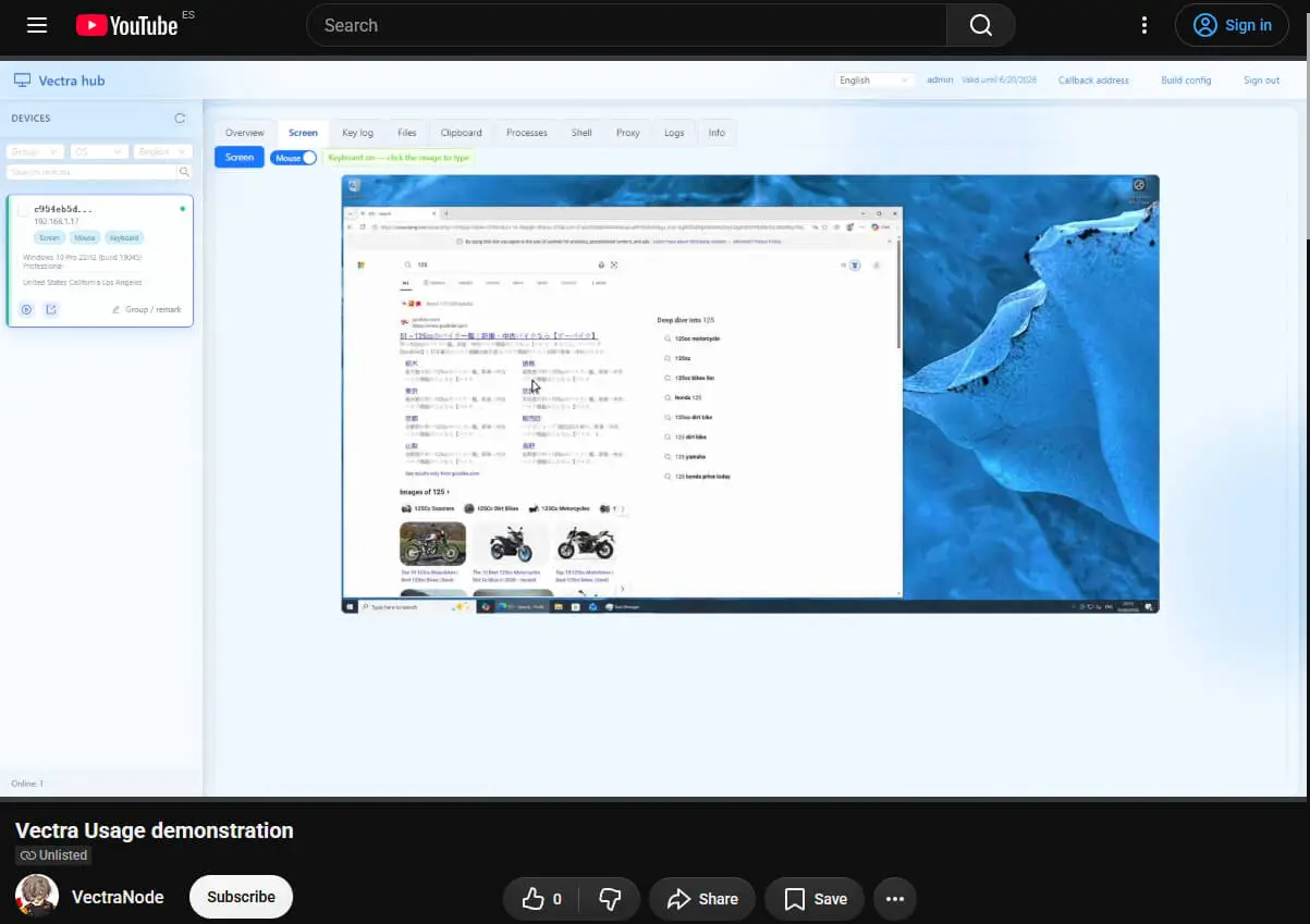 VectraHub operator panel on port 8080, showing the client overview and module tabs.