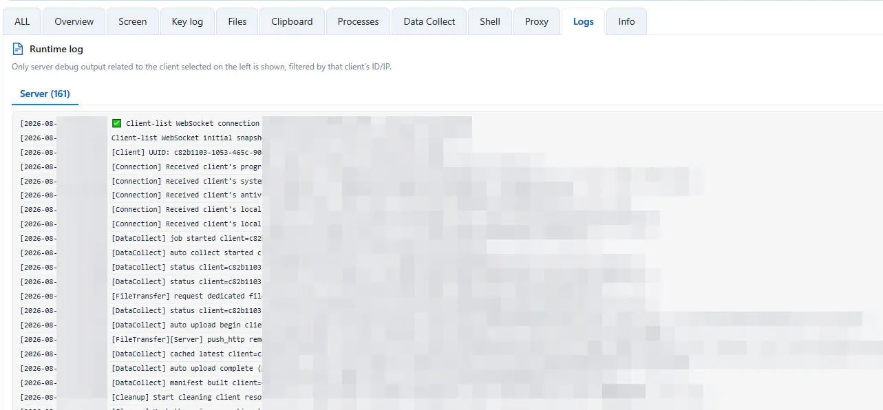 Runtime log tab in the panel, showing the DataCollect sequence for a connected client.