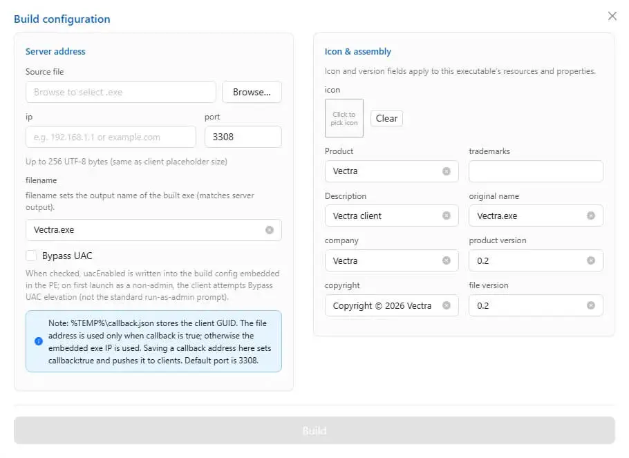 Stub build configuration in the panel: C2 address, output name, UAC bypass, and PE metadata.