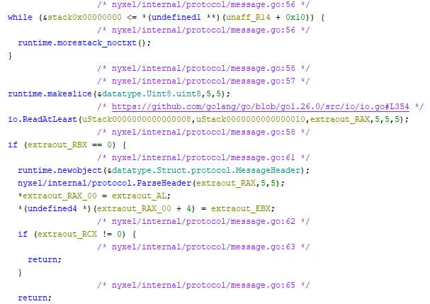 Five-byte header read and the ParseHeader call confirming the framing layout.