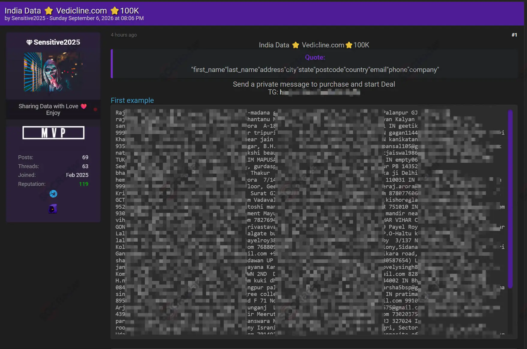 vedicline customer database sale detected socradar