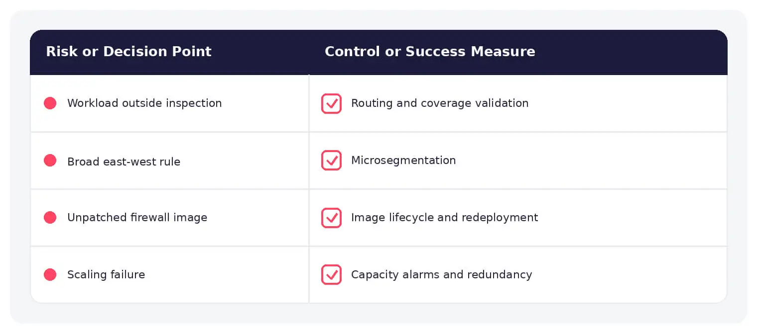 Common virtual firewall risks paired with practical defensive controls.