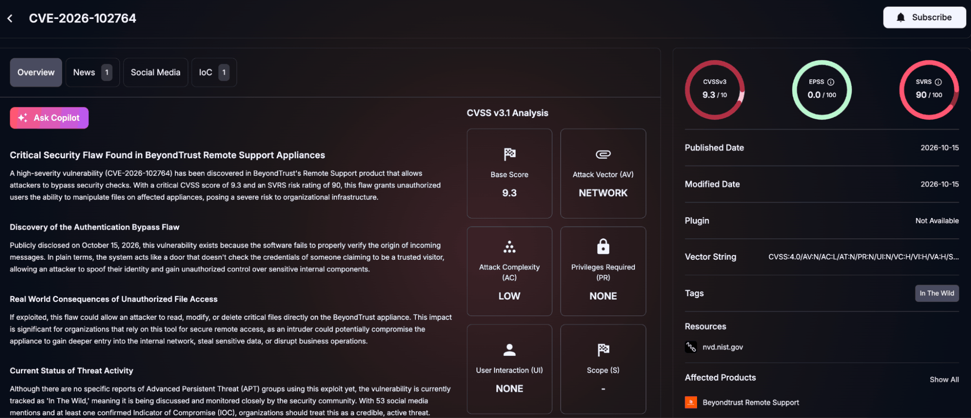 SOCRadar Vulnerability Intelligence card for CVE-2026-102764