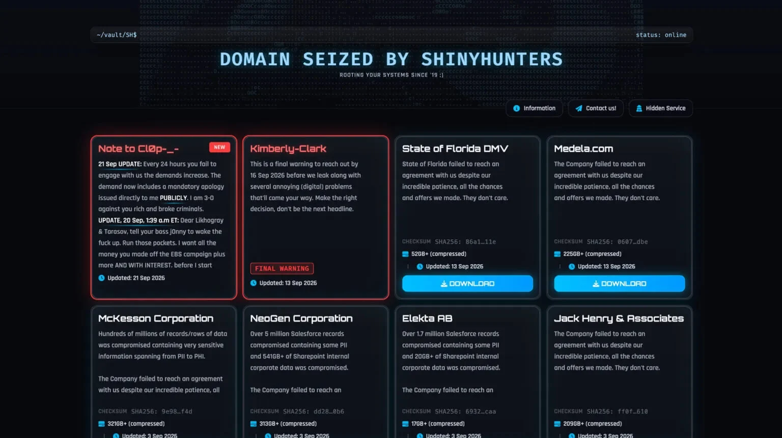 Clop's Dark Web leak site, stating “Domain Seized by ShinyHunters.”