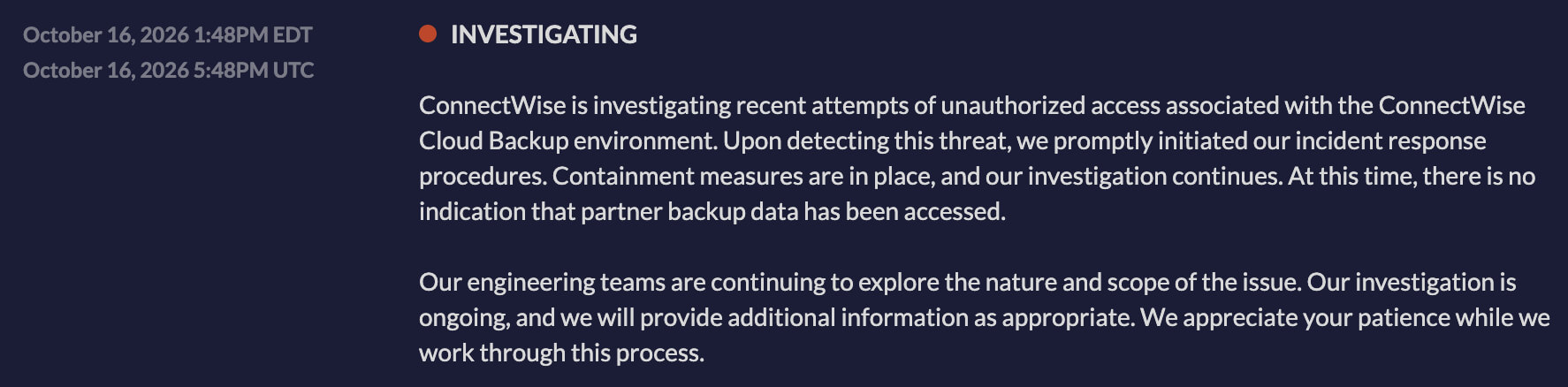 Initial incident alert by ConnectWise