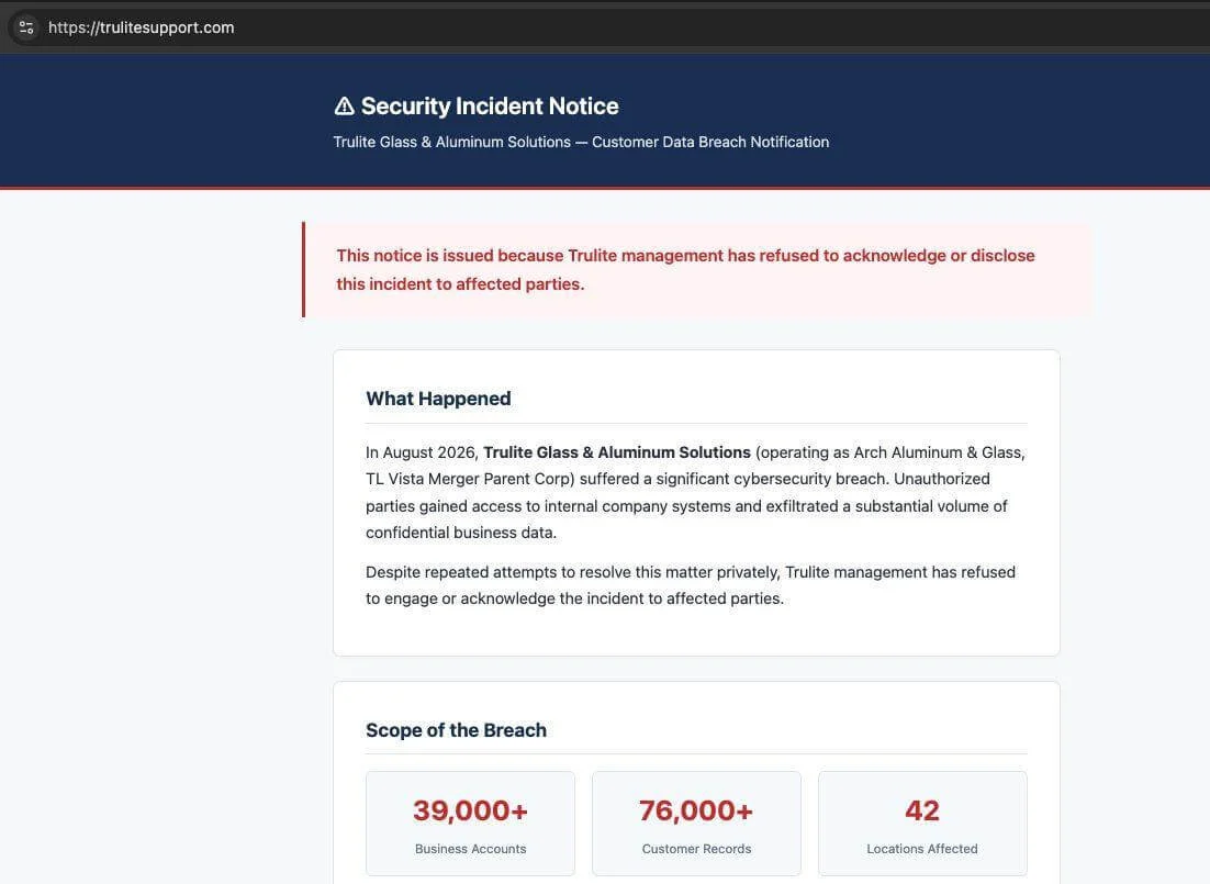 Customer-facing extortion page "Security Incident Notice" on trulitesupport[.]com