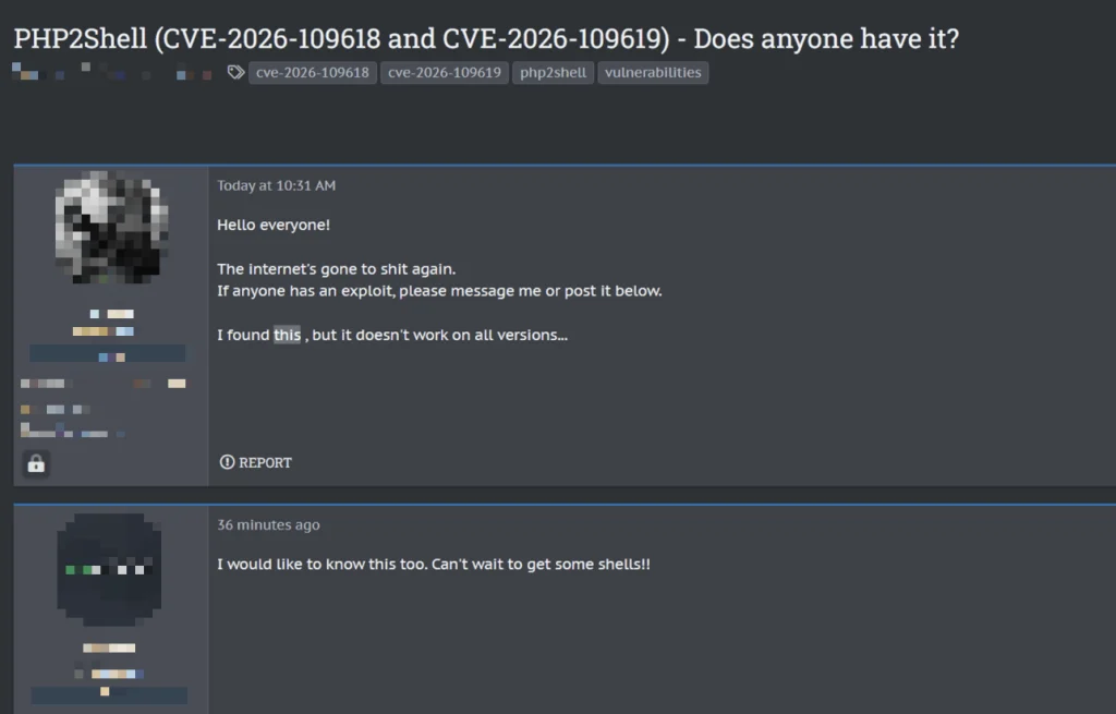 Hacker forum thread requesting a PHP2Shell exploit