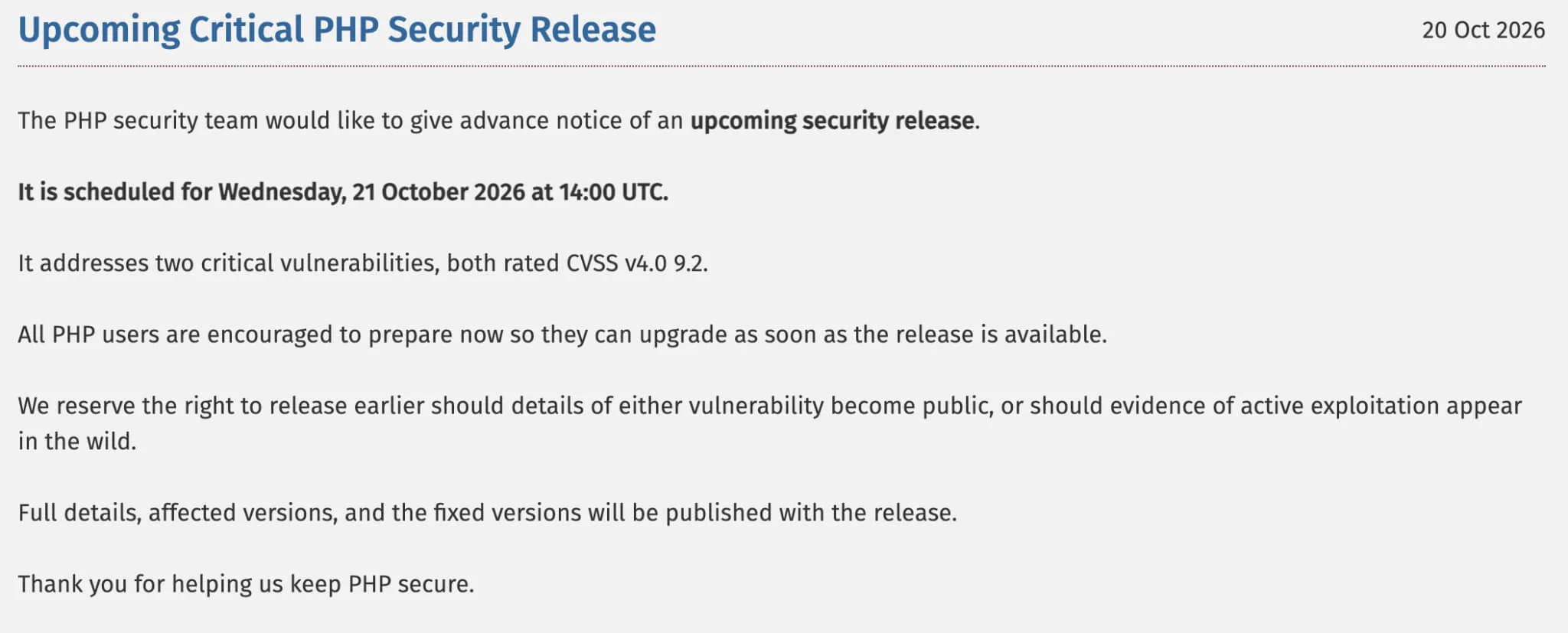 Advance notice of the upcoming security release for PHP2Shell vulnerabilities