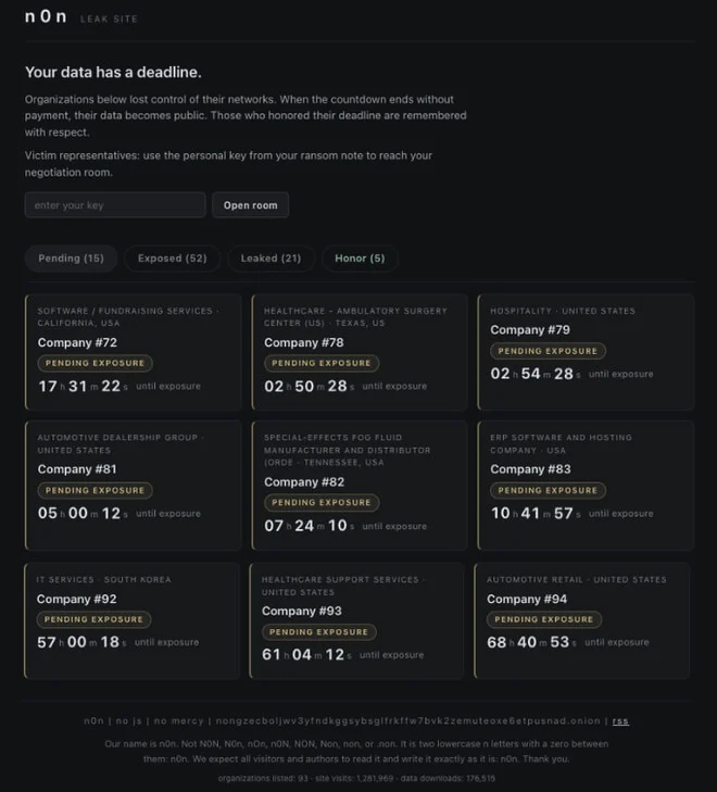 Public leak site of the n0n ransomware group